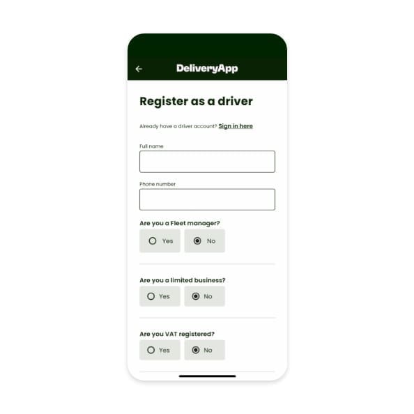 Register as a driver with DeliveryApp