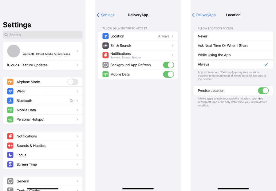 DeliveryApp - Change location settings in Apple iOS