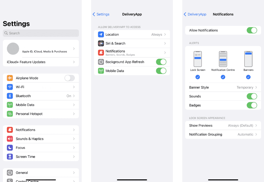 DeliveryApp - Change notification settings in Apple iOS