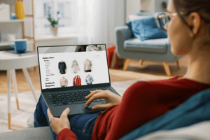 Delight your customers - a woman shopping for clothes, on a laptop